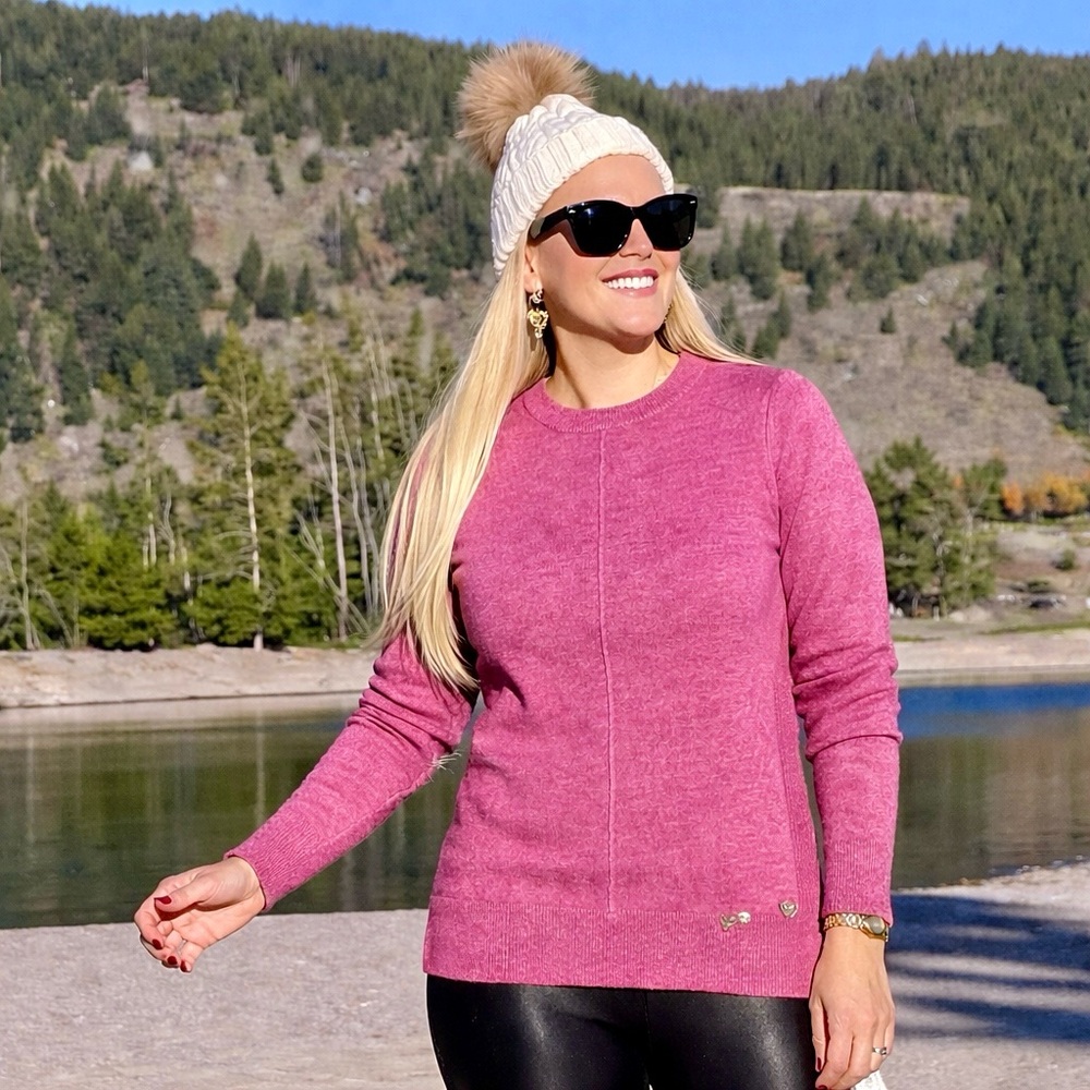 Classic Casual Small Knit Sweater Rib Trim‎ Heathered Pink